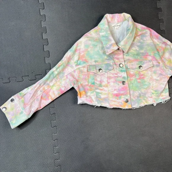 For Love &‎ Lemons Tie Dye Cropped Denim Jacket Frayed Hem Pastel Med Boho - Picture 2 of 10